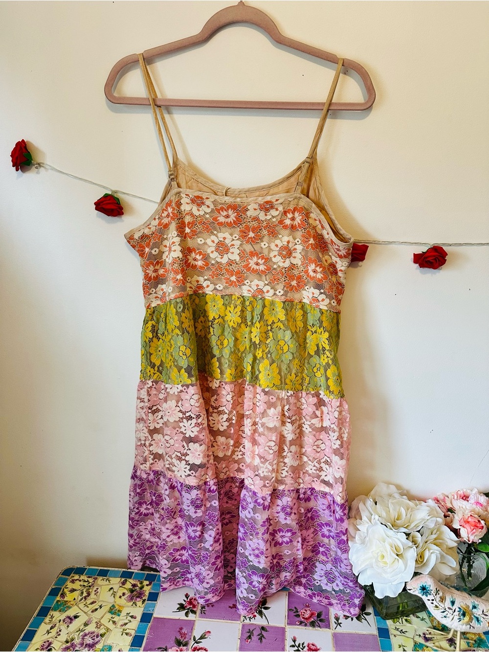 NEW Mystree Gabriella Color Block Multicolor Floral Lace Tiered Midi Dress L - Picture 7 of 12